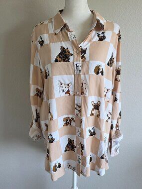 Jane + Delancey Button Up Shirt Dog Print Frenchie Corgi Poodle HiLo Hem Size XL